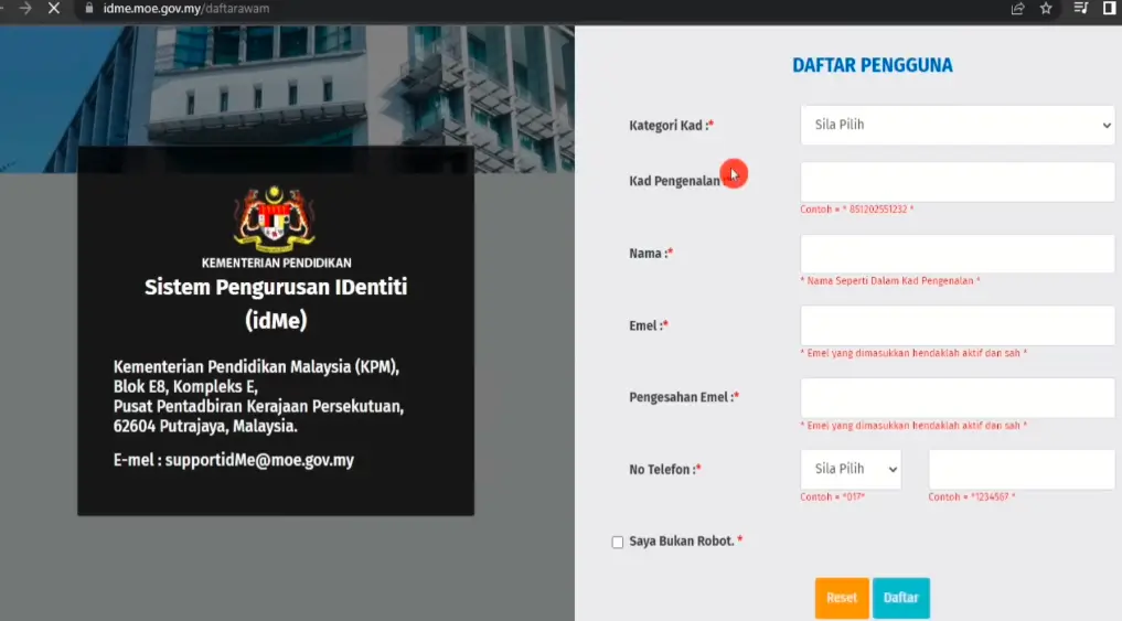 Proses Log Masuk dan Pendaftaran MOE IDME